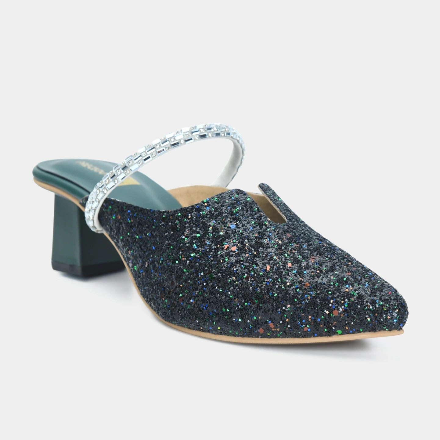 Rhinestone Bling Dark Green Mules
