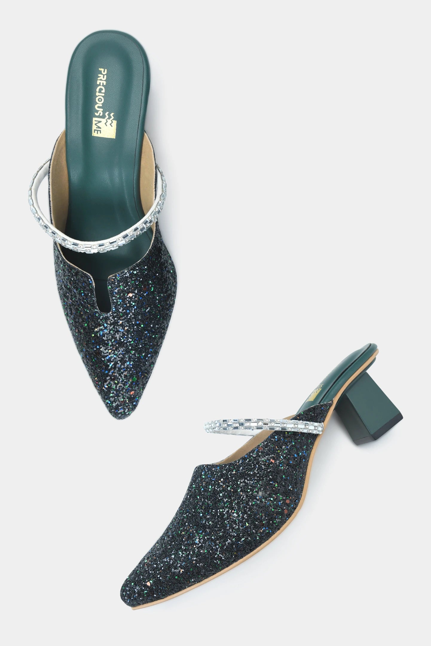 Rhinestone Bling Dark Green Mules