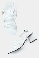 White Strappy Square Toe Block Heels