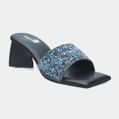 Blackish Turquoise Diamonds Embellished Block Heel