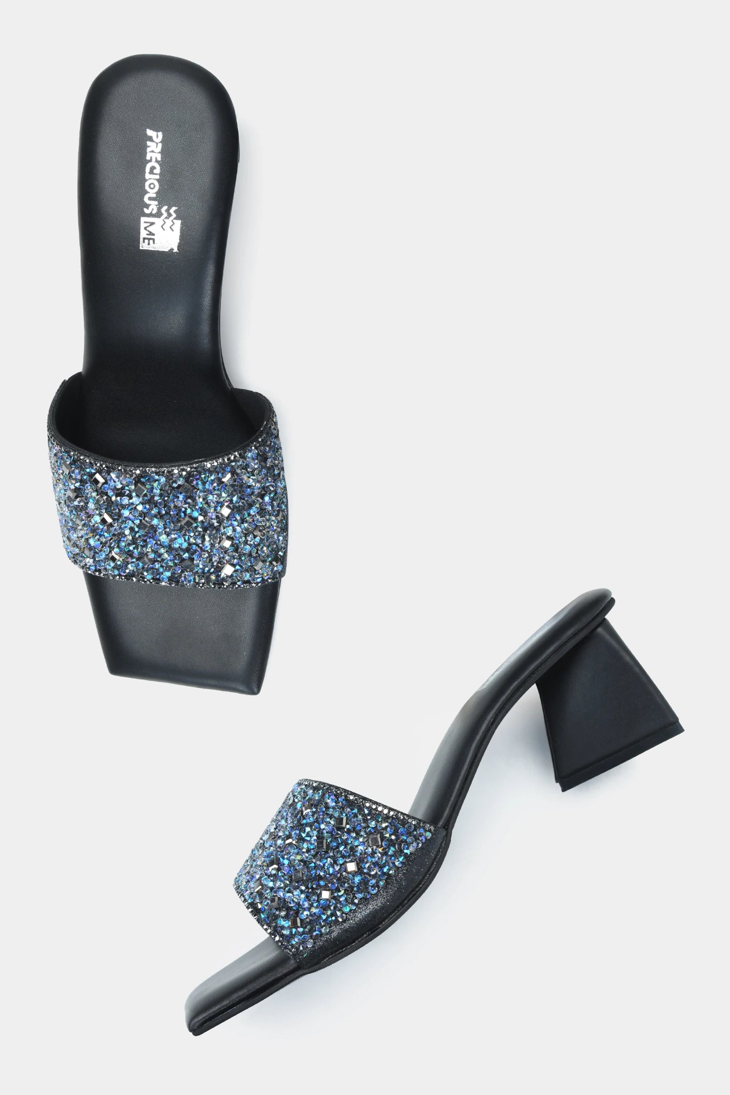 Blackish Turquoise Diamonds Embellished Block Heel