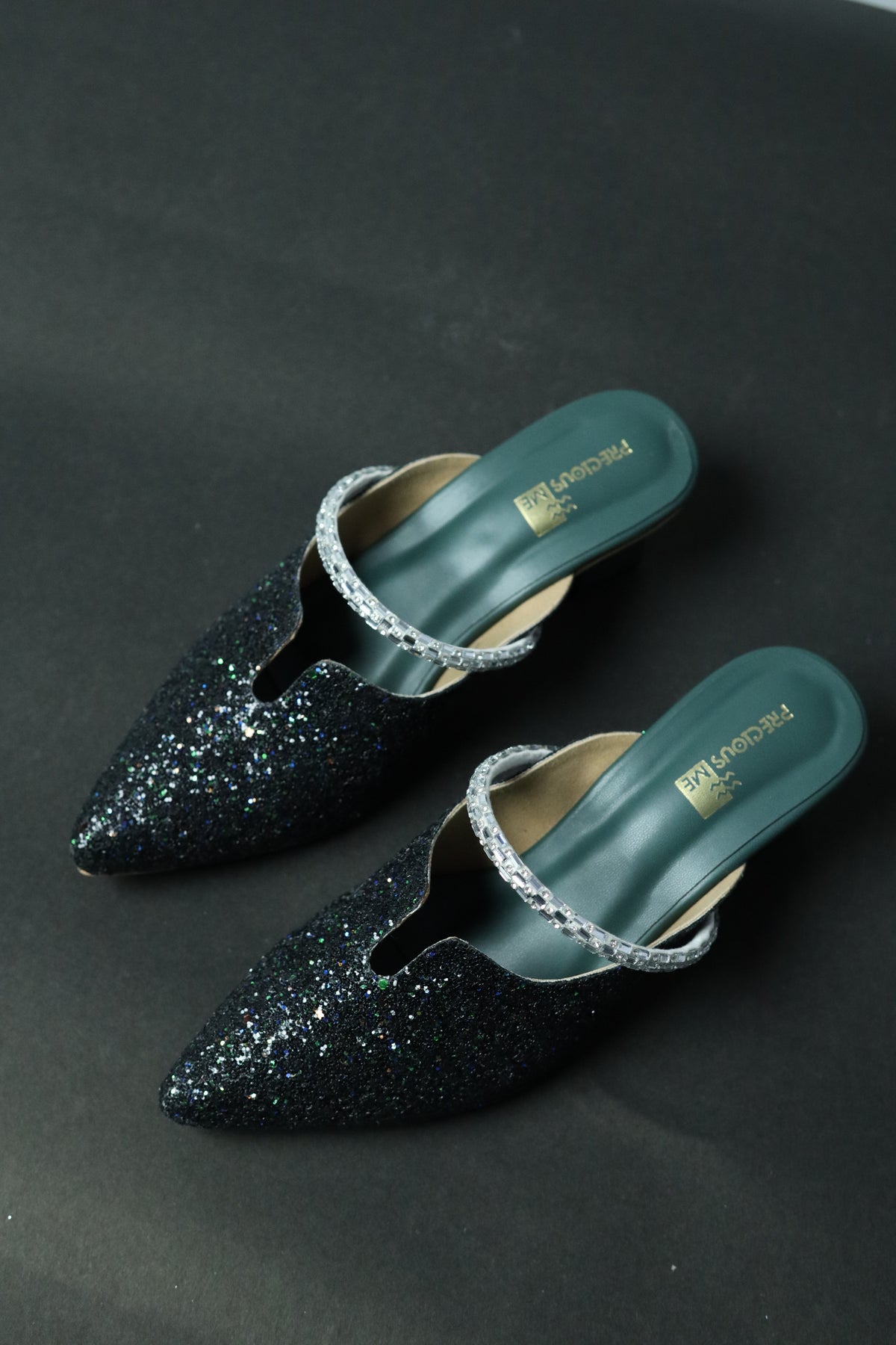 Rhinestone Bling Dark Green Mules